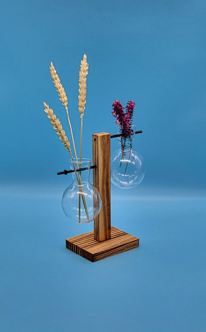DÉCORATION DE 2 SOLIFLORES EN VERRE SUSPENDUS SUR SUPPORT EN BOIS - ARTISANALE, UNIQUE & ORIGINALE