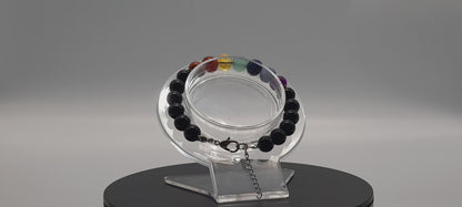 BRACELETS DE PERLES RONDES EN PIERRES ONYX NOIR + 7 CHAKRAS - 2 TAILLES AU CHOIX - BIJOUX ARTISANAUX, UNIQUES & ORIGINAUX